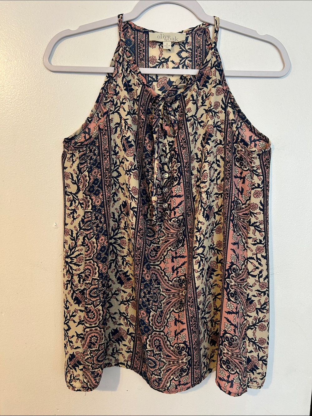 Olive & Oak Pink and Cream Paisley Halter Tie-Front Tank